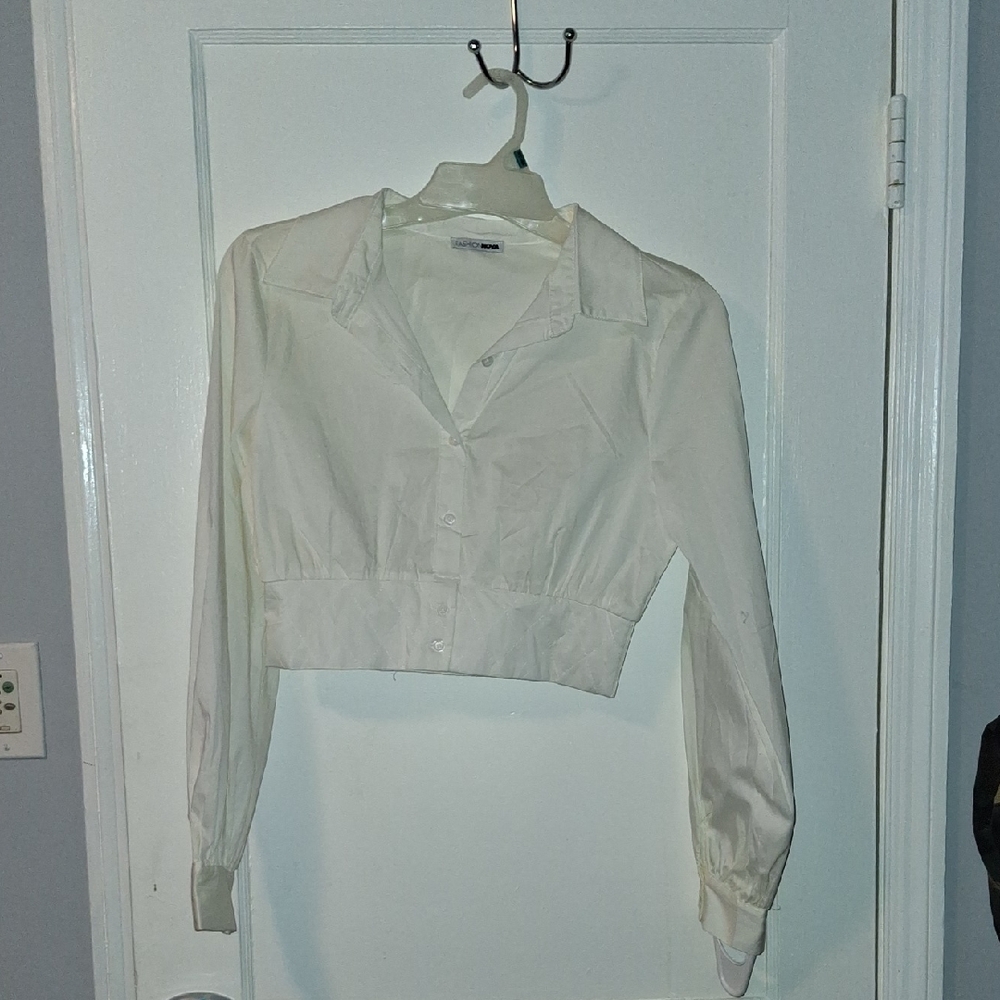 Women's White Crop Button Down Shirt